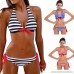 Alangbudu Women's Striped Printing Halter Strappy Cross Padding Bikini Set Beach Swimwear Blue B07NZV5FN4